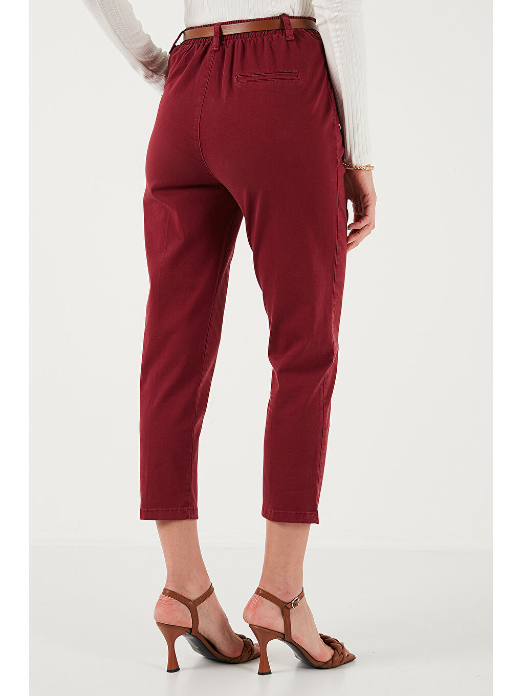 Bordo Streç Pamuklu Regular Fit Yüksek Bel Düz Kısa Paça Kemerli Pantolon 668Yp5335-5