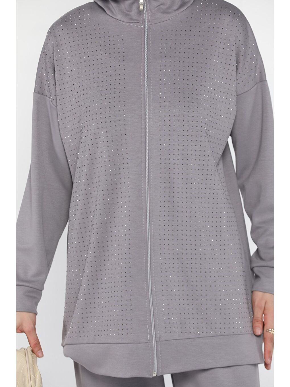 Gri Taş Detaylı Fermuarlı Büyük Beden Tesettür Hırka Pantolon İkili Takım-6