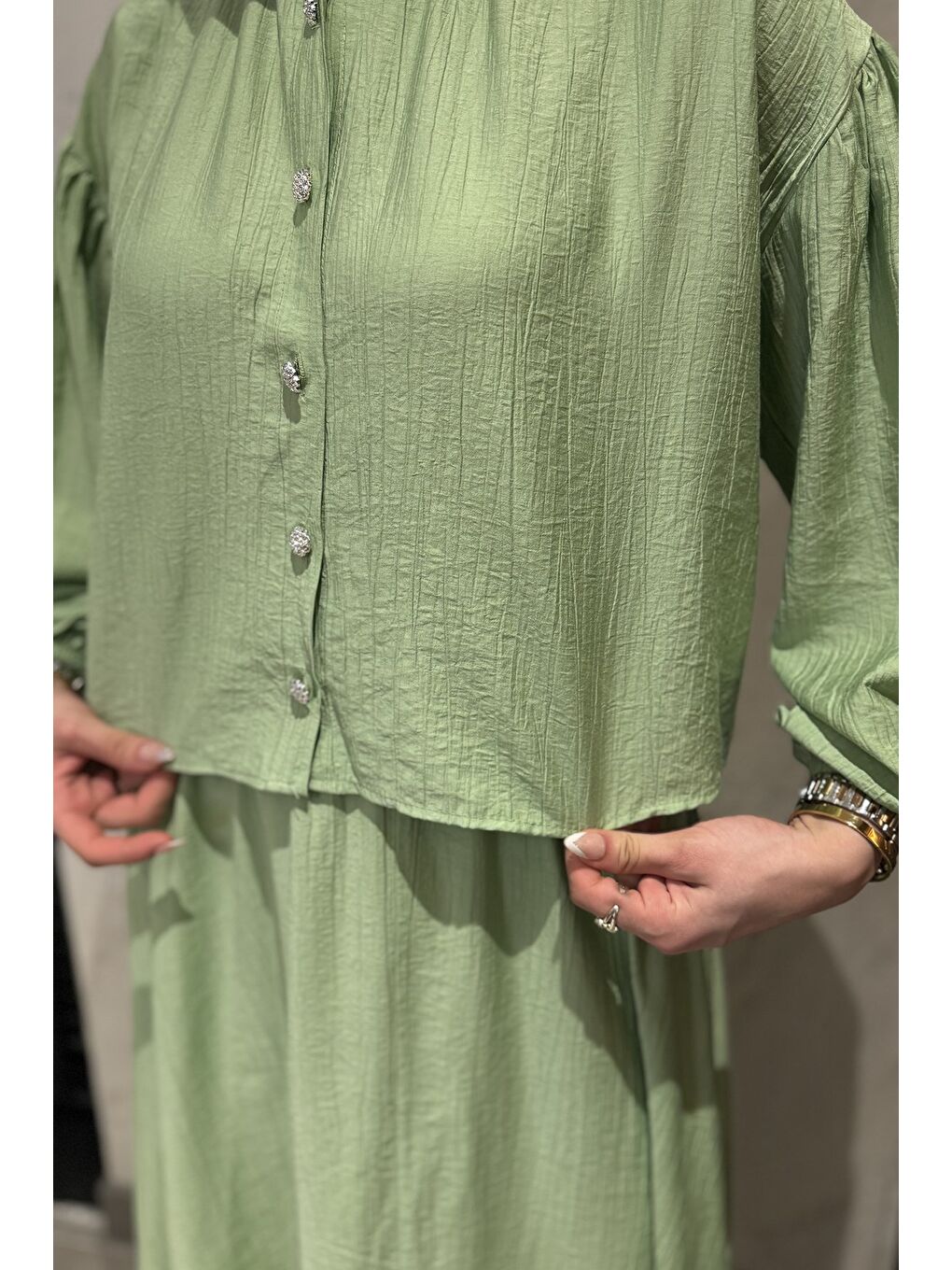 Yeşil Cep Detaylı Etek Gömlek Tesettür İkili Takım-5