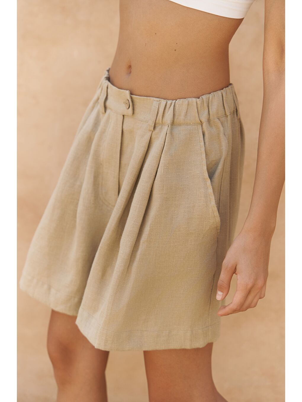 Gaelil Oversize Haki Keten Gömlek Şort Takım-4