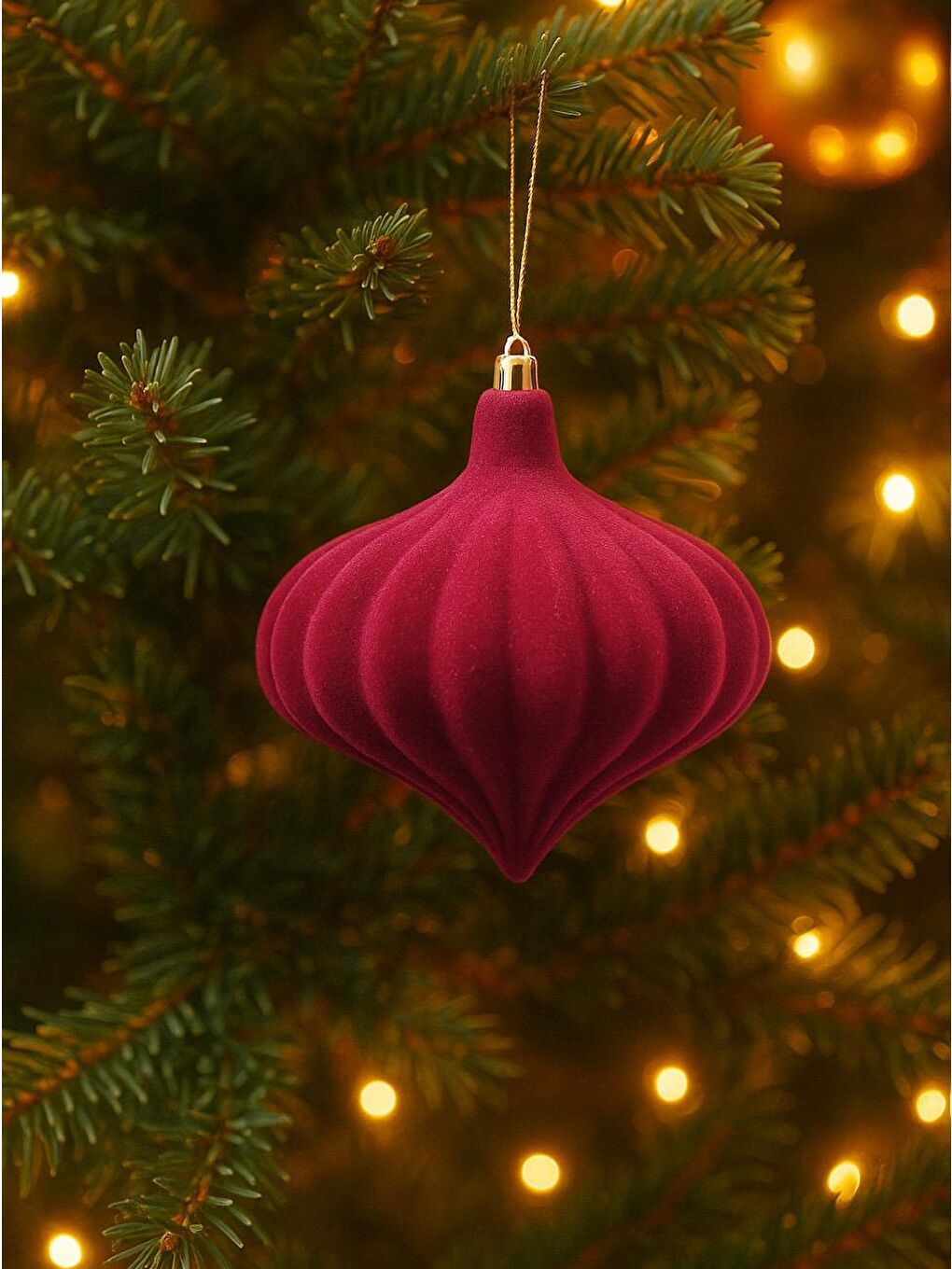 Kadife Yılbaşı Topu – Damla Form Çam Ağacı Süsü Bordo 13 cm 2'li