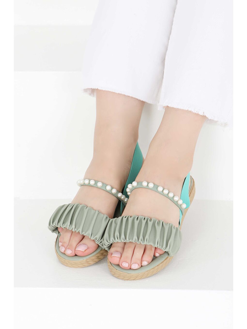 Yeşil Kadın Mint İncili Sandalet - 27404-3