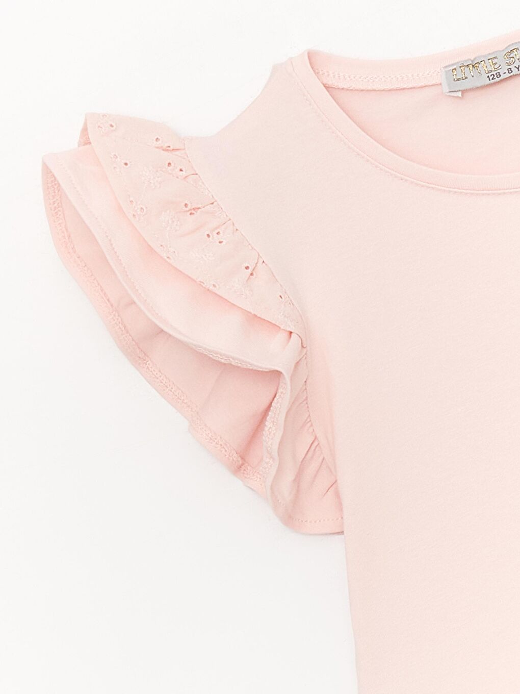 Pembe Kız Çocuk Dantelli Fırfırlı Kol Detaylı Tişört-2
