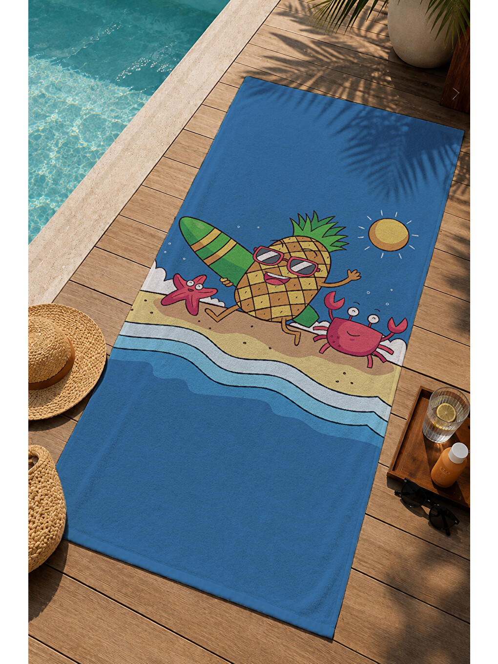 Mavi Deniz Temalı Gözlüklü Ananas Yengeç Ve Deniz 70x150 Cm Dijital Baskılı Plaj Ve Banyo Havlusu-2