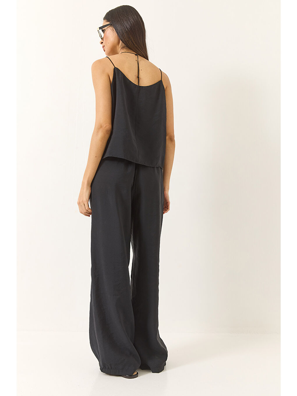 Siyah Kadın Askılı Dokuma Modal Bluz Pantolon Alt-Üst Takım-6