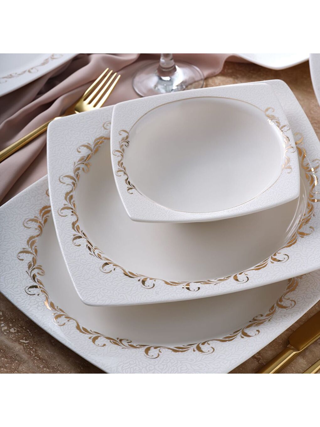 Ekru Caroline 85 Parça 12 Kişilik Kare Yemek Takımı 6599-1