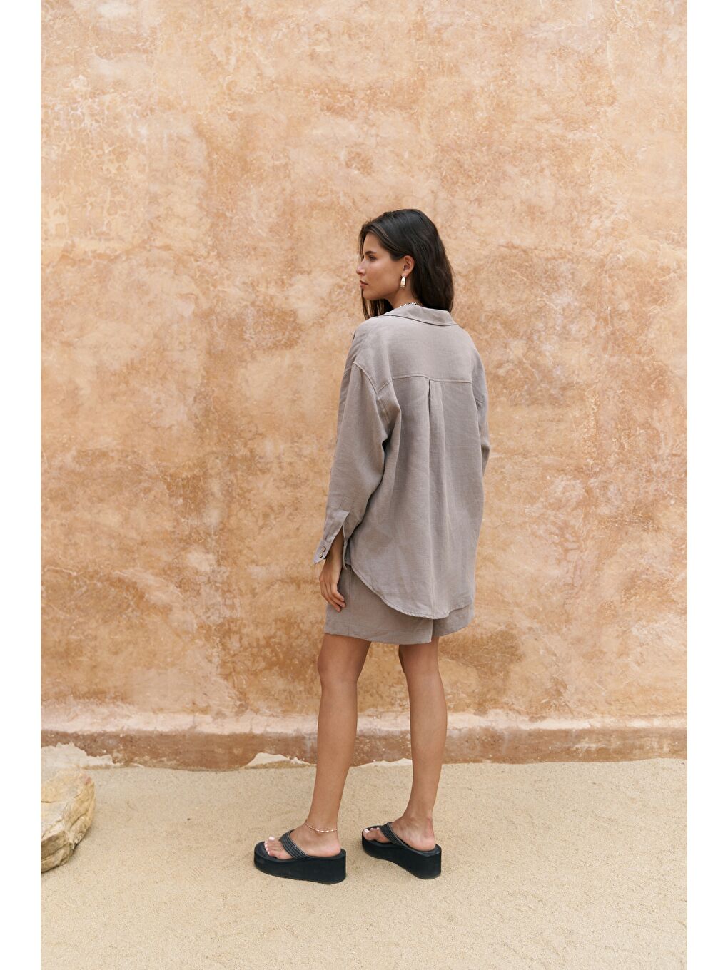 Gri Gaelil Oversize Füme Keten Gömlek Şort Takım-2