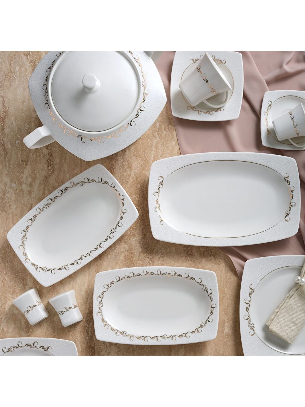 Ekru Caroline 85 Parça 12 Kişilik Kare Yemek Takımı 6599-2