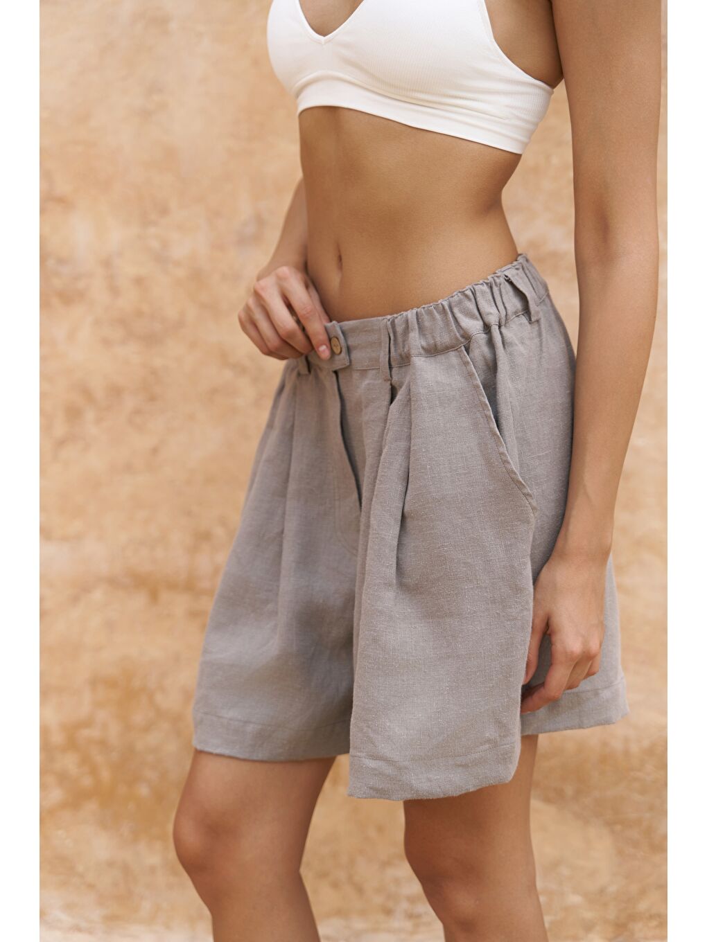 Gri Gaelil Oversize Füme Keten Gömlek Şort Takım-3