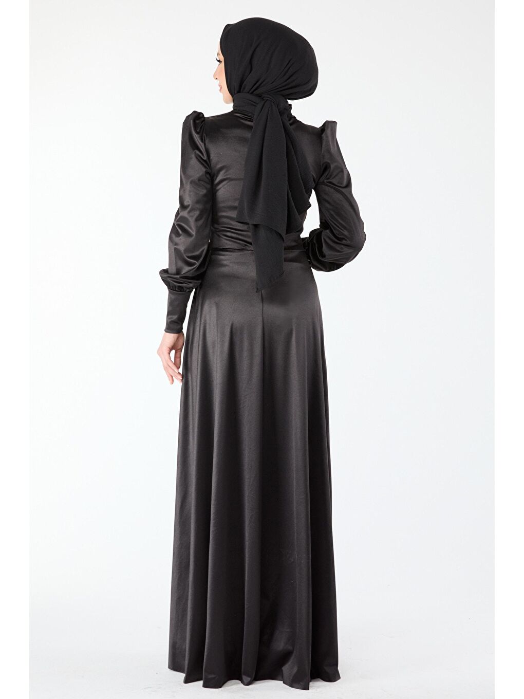 Orta Kadın Siyah Beli Taş Detay Uzun Kol Saten Abiye Elibise - 24410-5