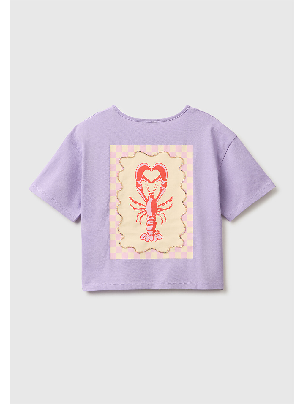 Kız Çocuk Lila Ön ve Arka Baskı Detaylı Geniş Yaka T-Shirt-1