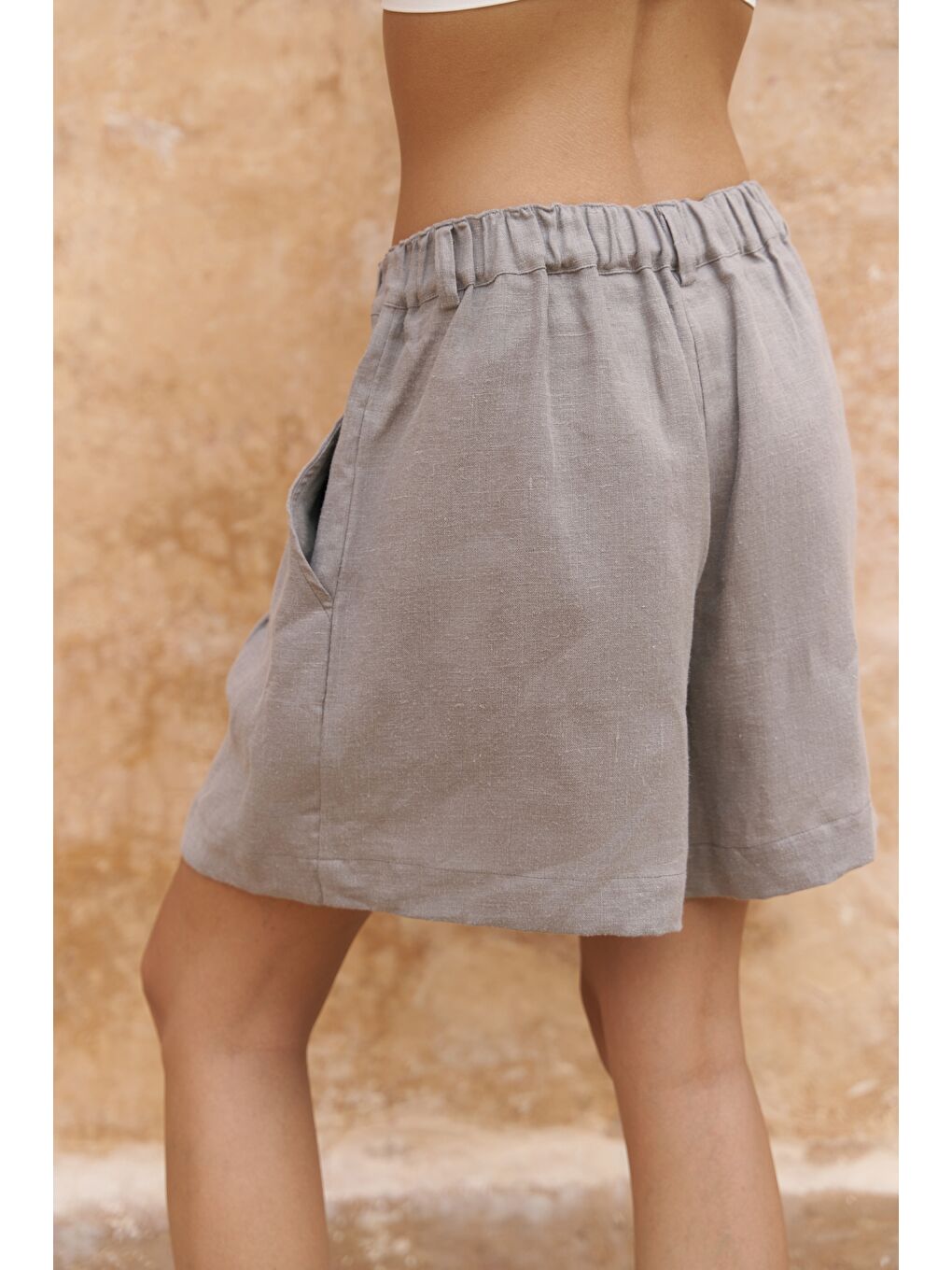 Gri Gaelil Oversize Füme Keten Gömlek Şort Takım-4