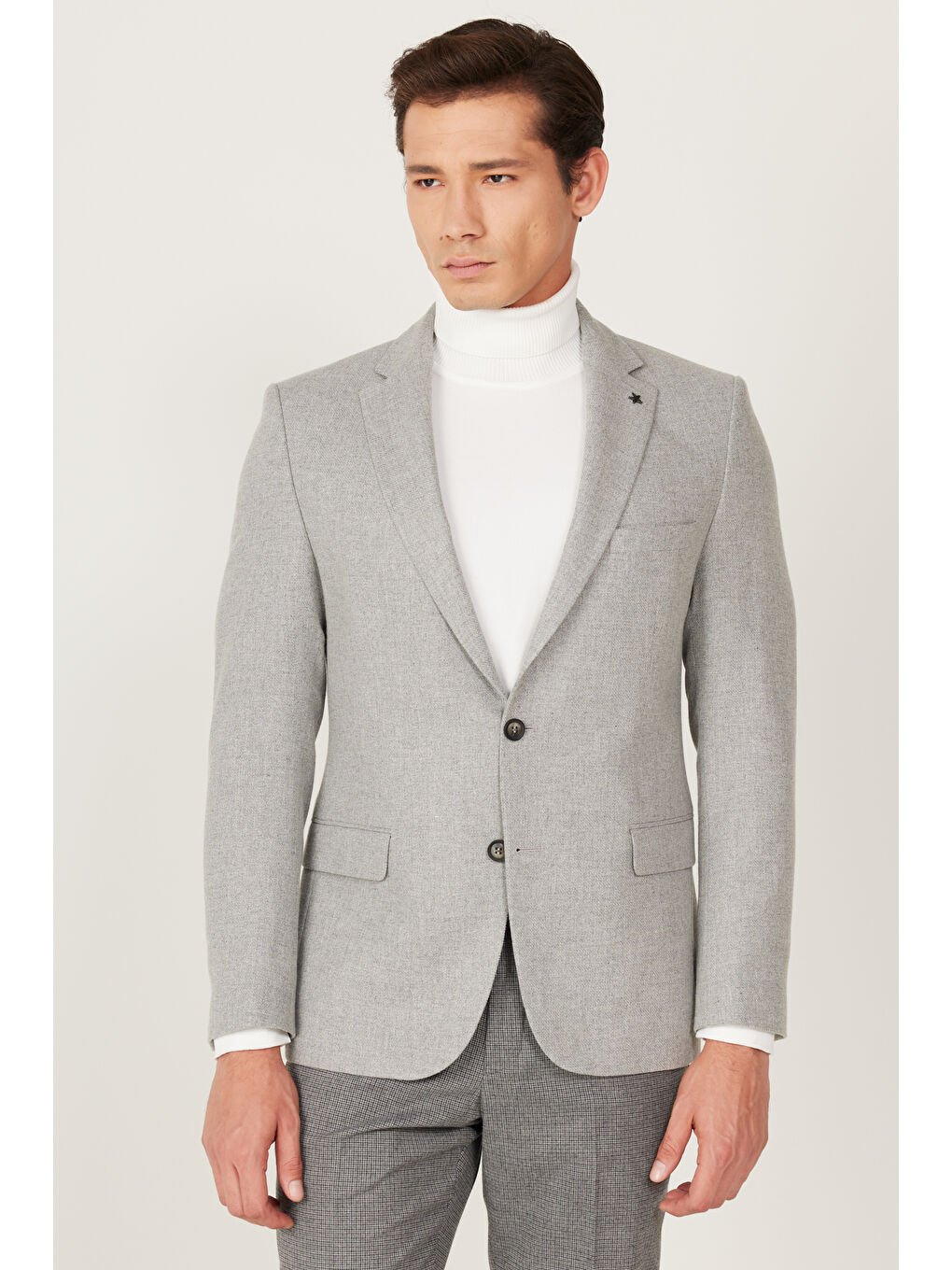 Erkek Gri Slim Fit Dar Kesim Mono Yaka Desenli Yünlü Ceket