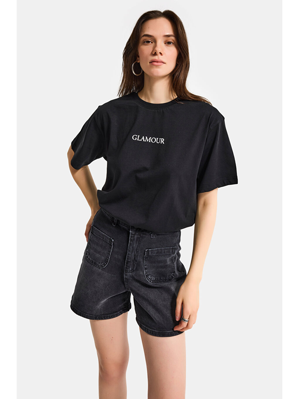 Kadın Siyah s6-1 Oversize Glamour Baskılı %100 Pamuk T-Shirt-2