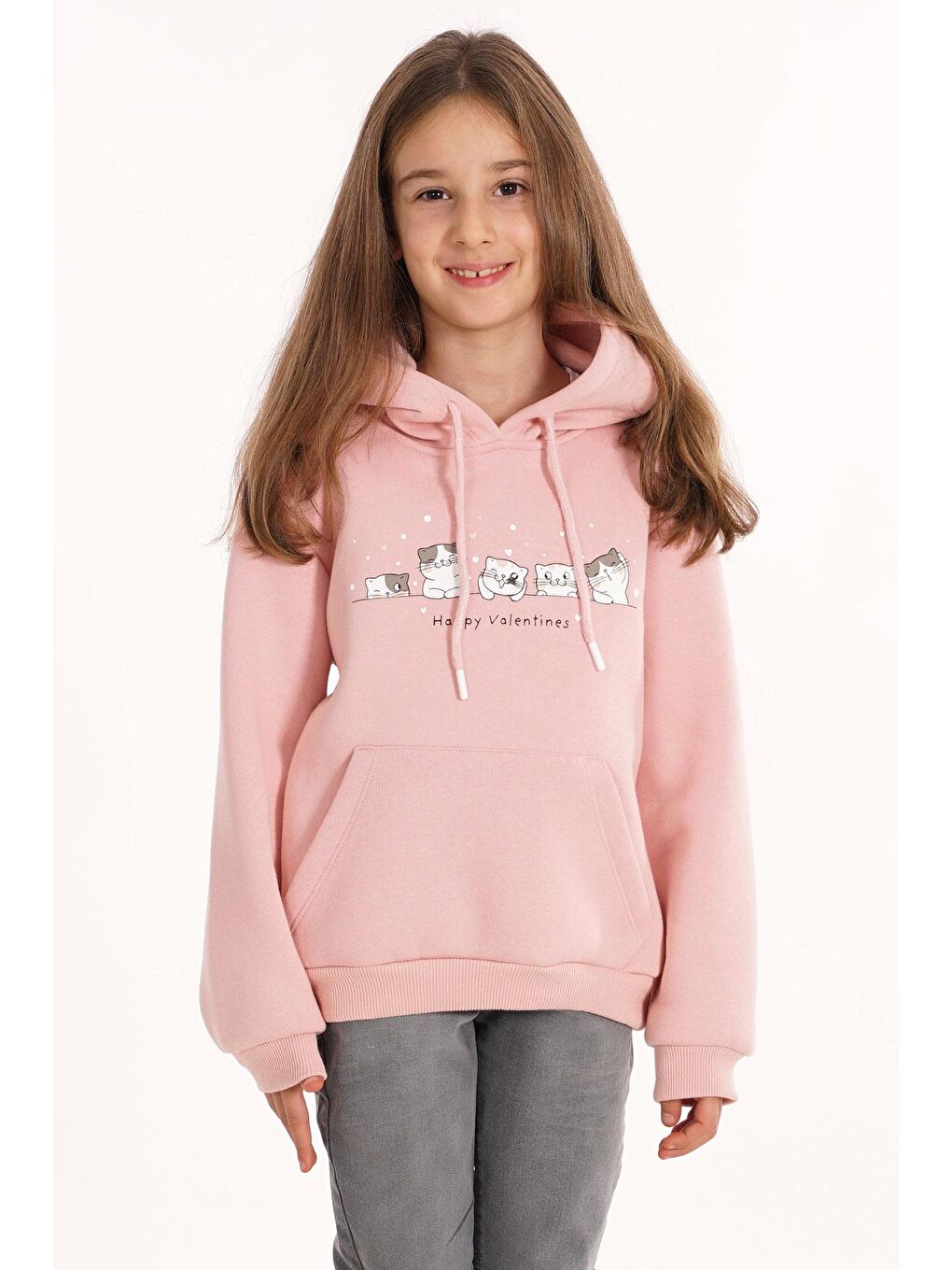 Kedi Baskılı Kanguru Cepli Toz Pembe Renk Kız Çocuk Kapüşonlu Sweat-1
