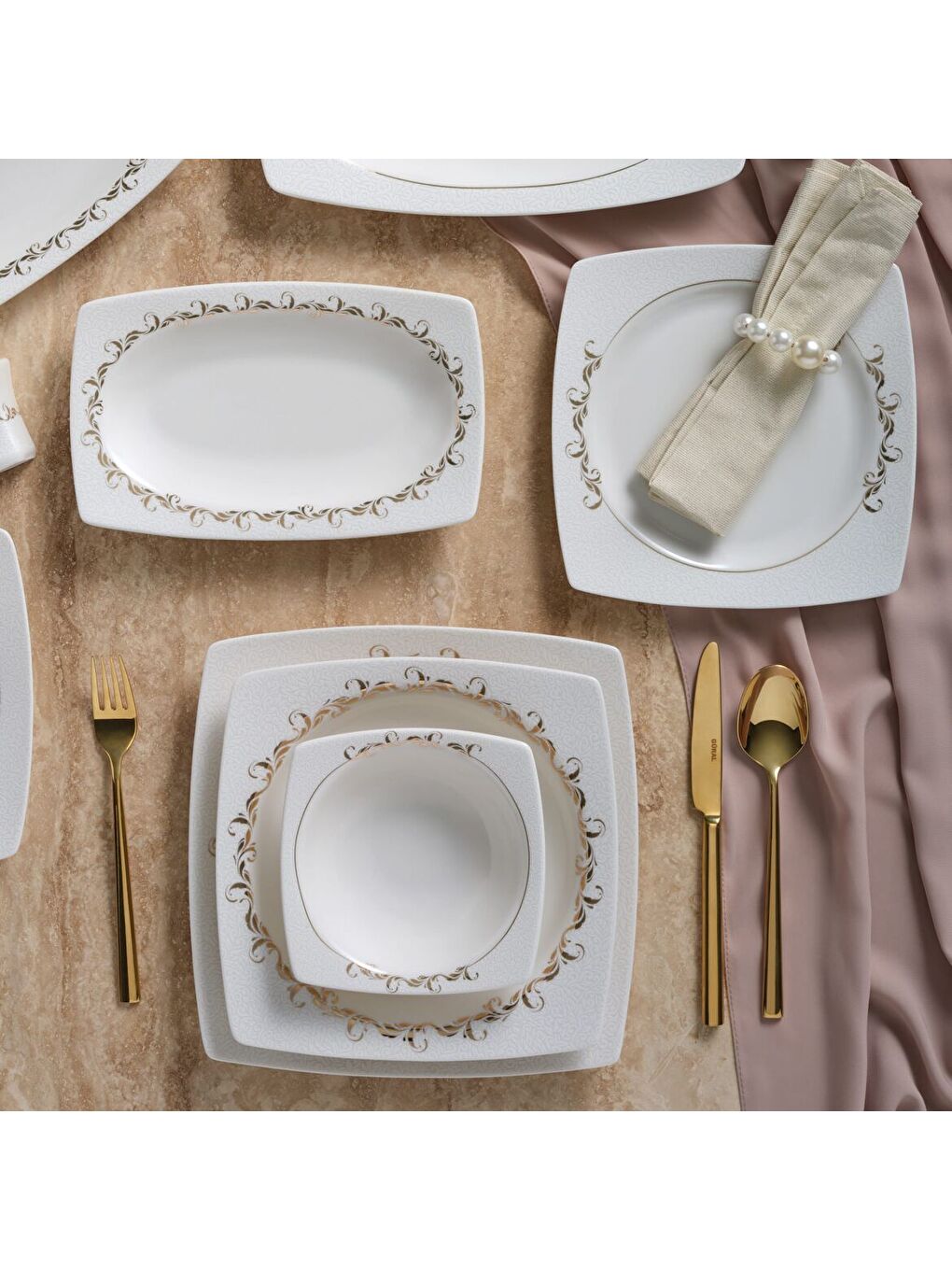 Ekru Caroline 85 Parça 12 Kişilik Kare Yemek Takımı 6599-3