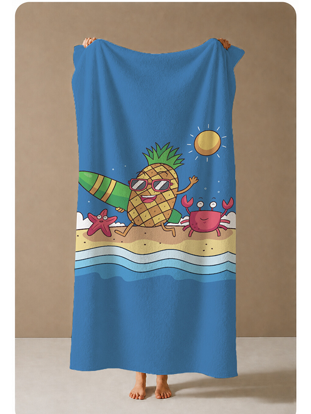 Mavi Deniz Temalı Gözlüklü Ananas Yengeç Ve Deniz 70x150 Cm Dijital Baskılı Plaj Ve Banyo Havlusu-3