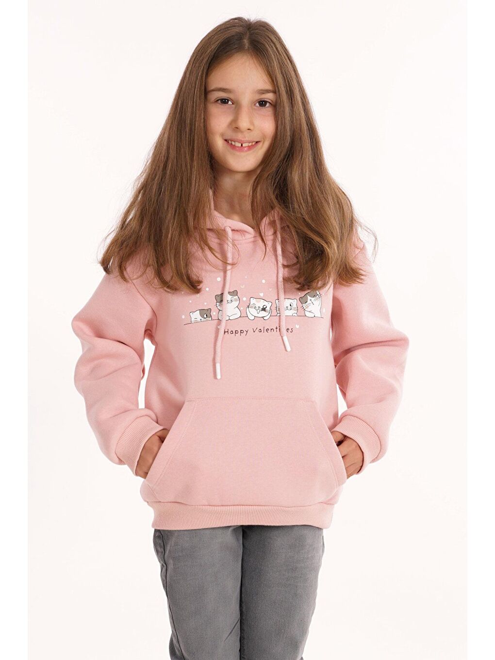 Kedi Baskılı Kanguru Cepli Toz Pembe Renk Kız Çocuk Kapüşonlu Sweat-2