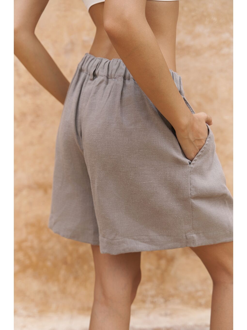Gri Gaelil Oversize Füme Keten Gömlek Şort Takım-5