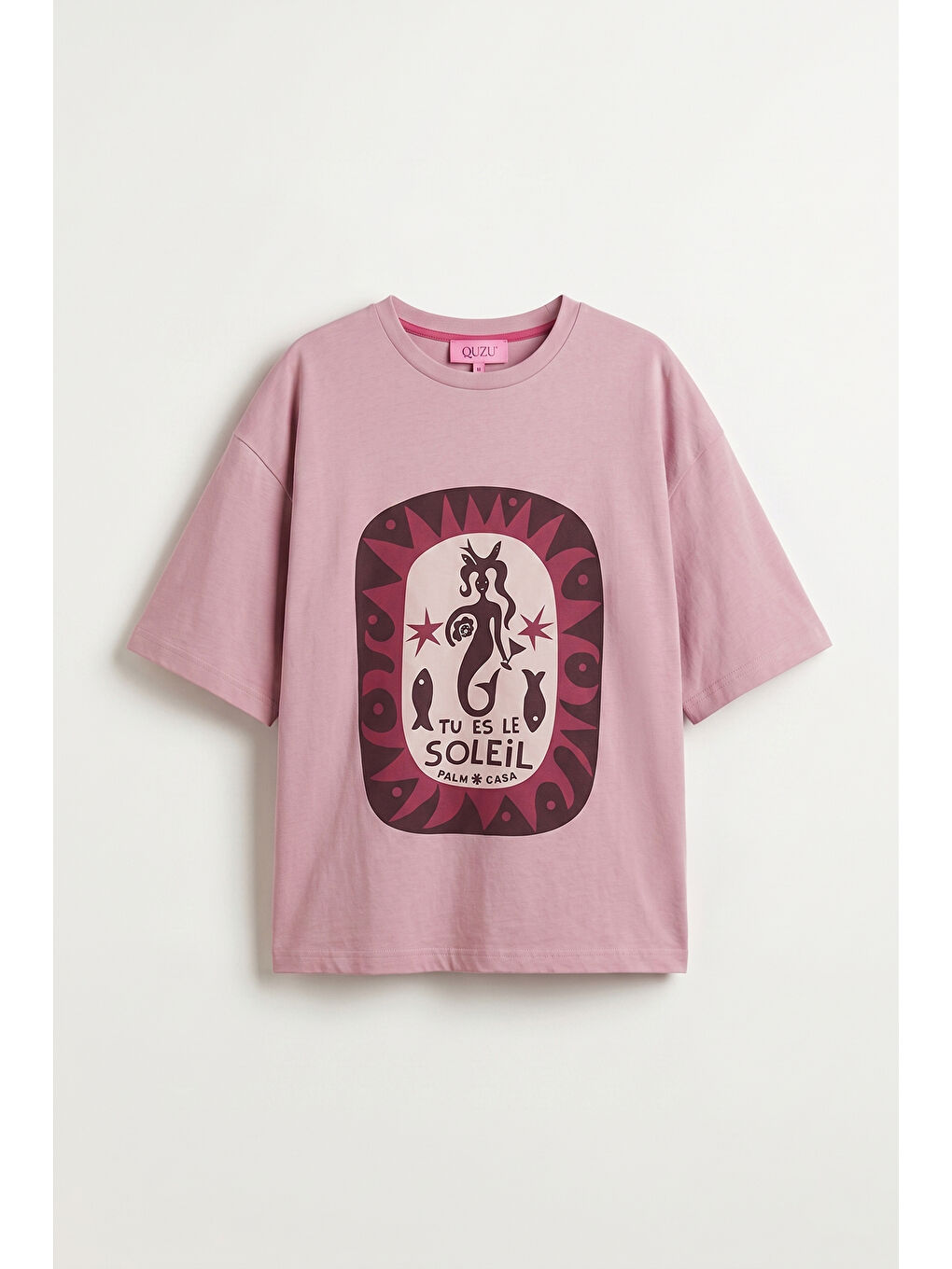 Yazı ve Figür Baskılı Oversize Tişört Pembe