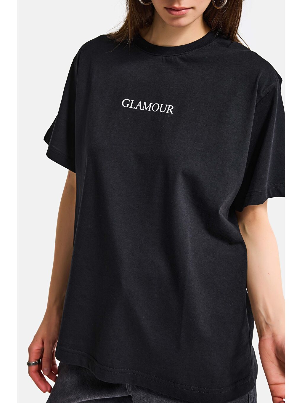 Kadın Siyah s6-1 Oversize Glamour Baskılı %100 Pamuk T-Shirt-3