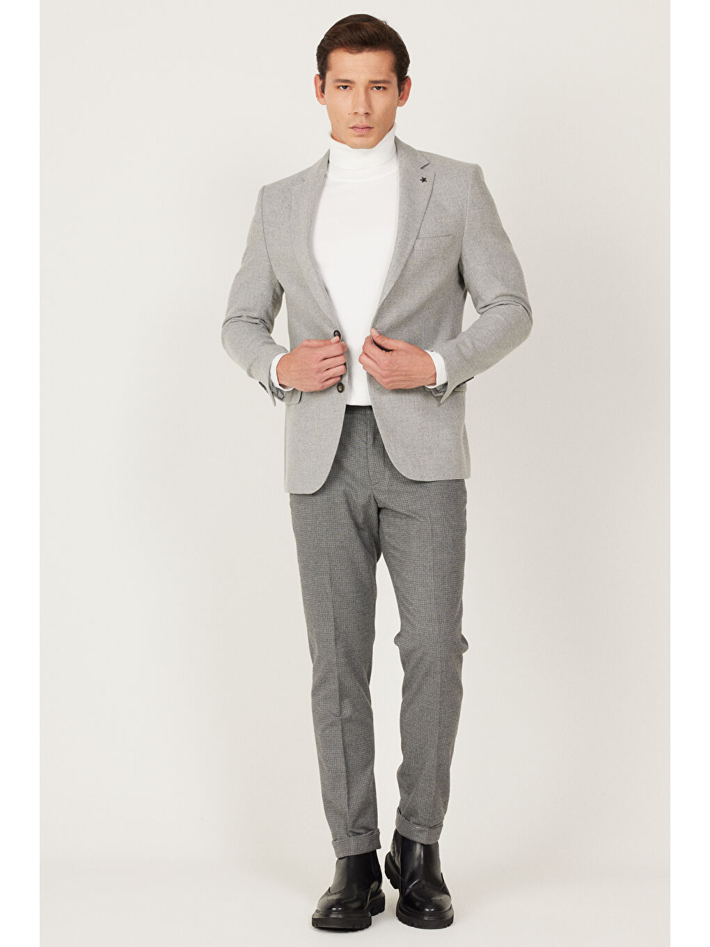 Erkek Gri Slim Fit Dar Kesim Mono Yaka Desenli Yünlü Ceket-1