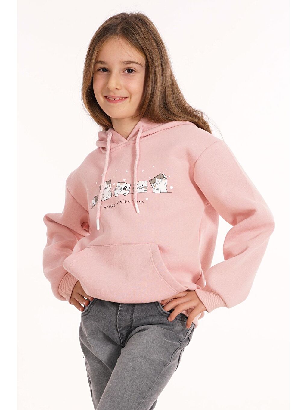 Kedi Baskılı Kanguru Cepli Toz Pembe Renk Kız Çocuk Kapüşonlu Sweat-3