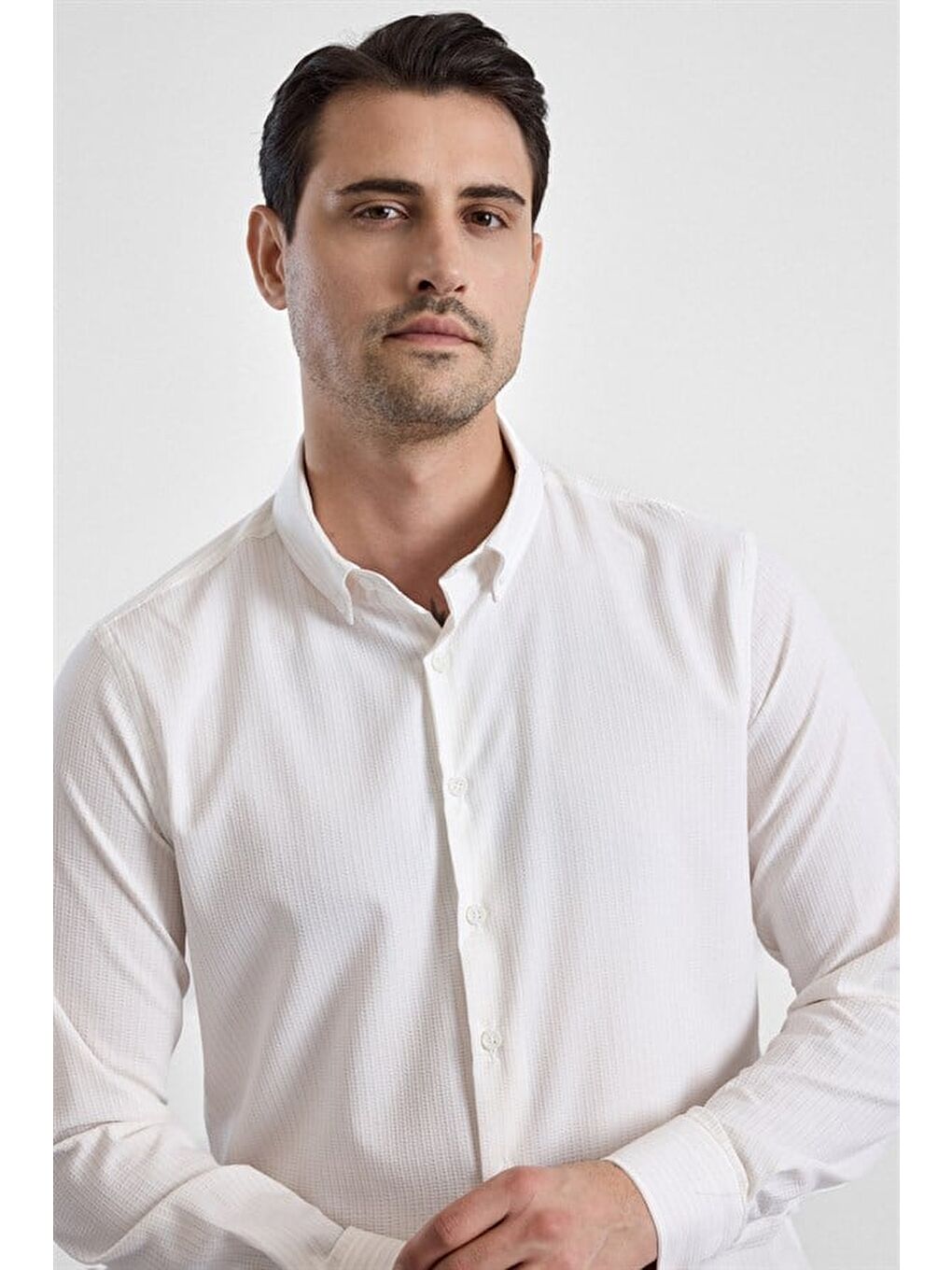Ekru Slim Düğmeli Yaka Casual Gömlek-1
