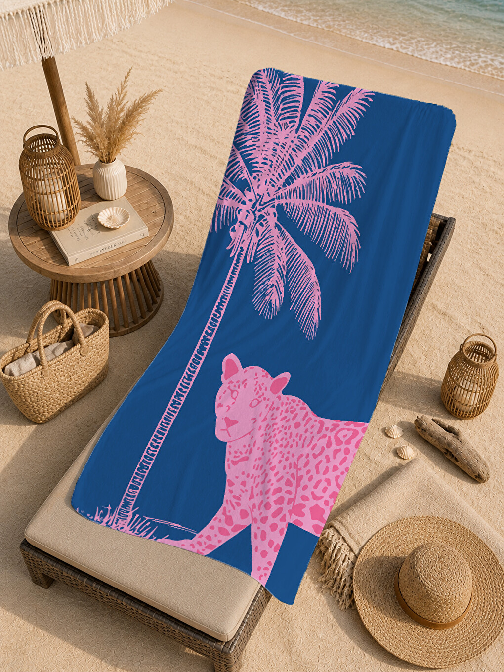 Lacivert Pembe Palmiye Silüet Desenli 70x150 Cm Dijital Baskılı Plaj Ve Banyo Havlusu-4