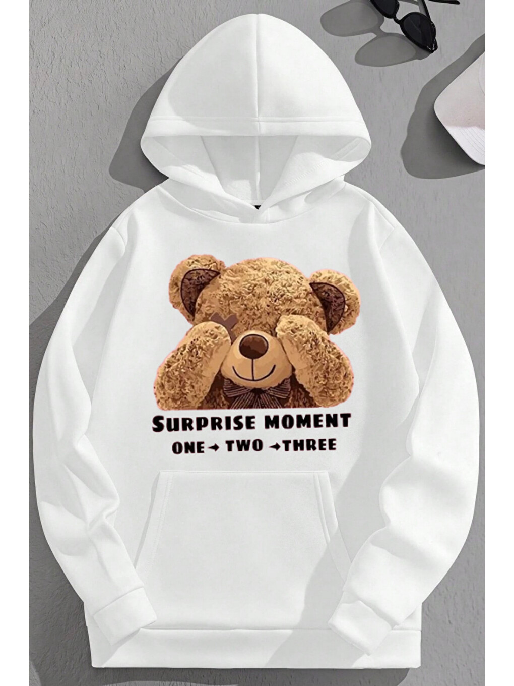 Unisex 3 İplik Pamuklu Beyaz Suprisemoment Baskı Bol Kalıp Sweatshirt Hoodie