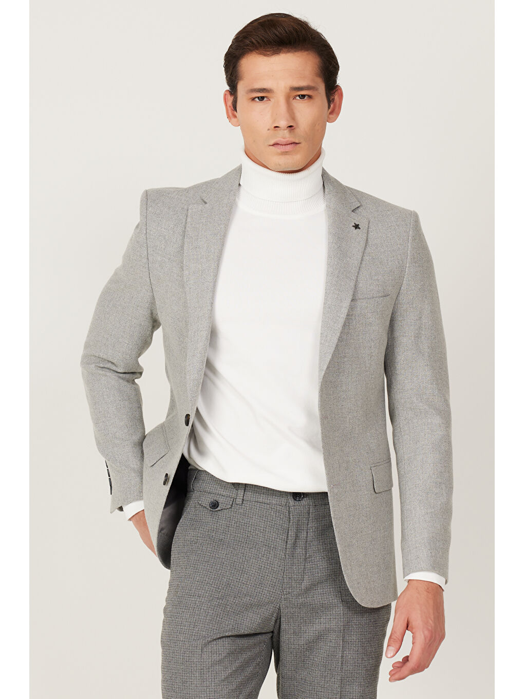 Erkek Gri Slim Fit Dar Kesim Mono Yaka Desenli Yünlü Ceket-2