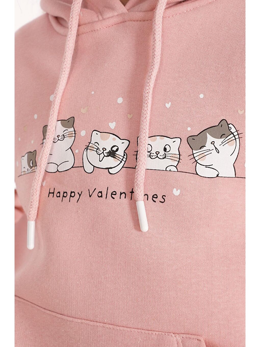 Kedi Baskılı Kanguru Cepli Toz Pembe Renk Kız Çocuk Kapüşonlu Sweat-4