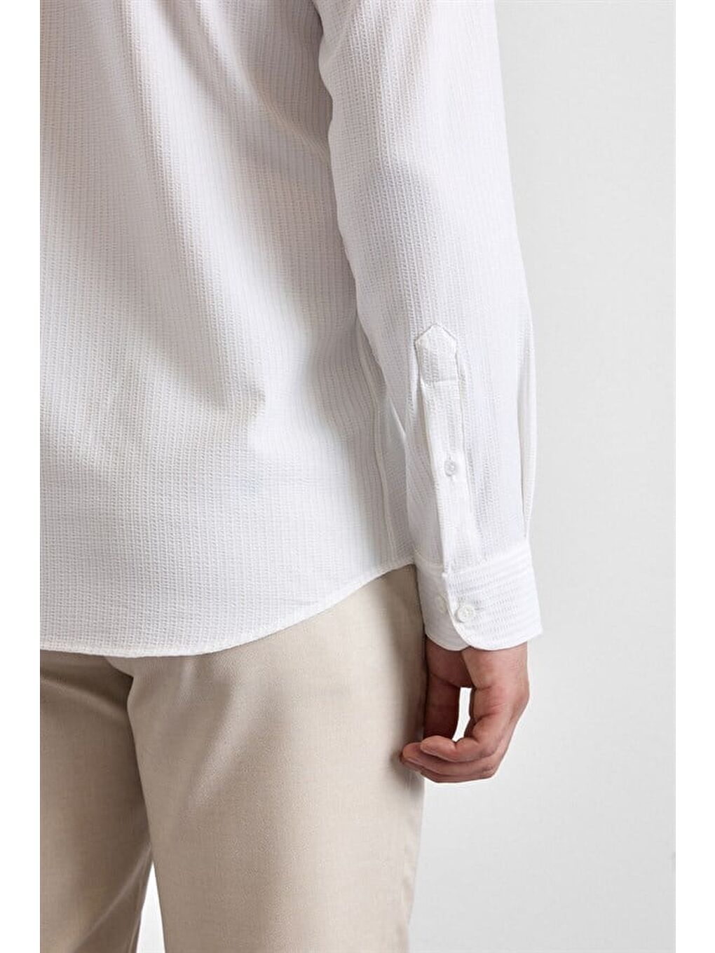 Ekru Slim Düğmeli Yaka Casual Gömlek-2