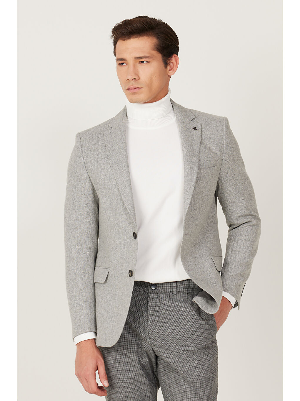 Erkek Gri Slim Fit Dar Kesim Mono Yaka Desenli Yünlü Ceket-3