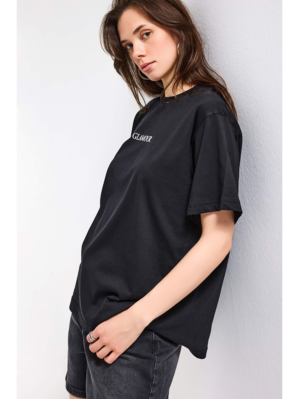 Kadın Siyah s6-1 Oversize Glamour Baskılı %100 Pamuk T-Shirt-5