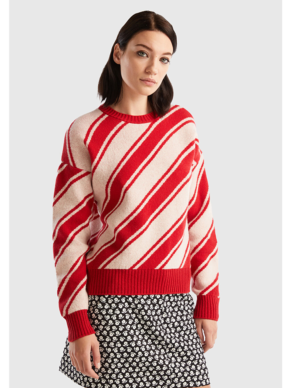 Kadın Kırmızı Yün Karışımlı Çapraz Çizgili Kazak