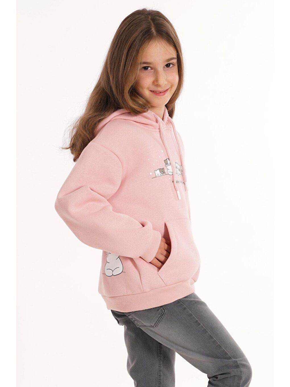 Kedi Baskılı Kanguru Cepli Toz Pembe Renk Kız Çocuk Kapüşonlu Sweat-5