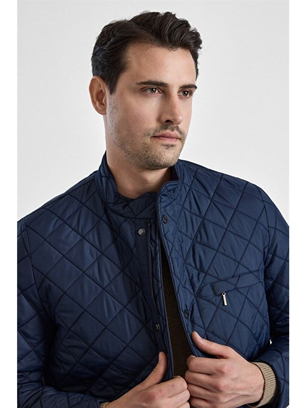 Lacivert Regular Klasik Yaka Düz Yan Cepli Fermuar Kapitone Su Geçirmez Mont-1