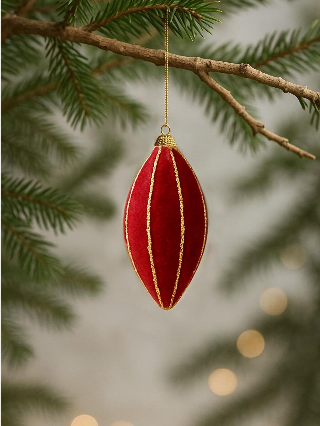 Yılbaşı Ağaç Süsü Simli Kadife Damla Sarkıt Dekoratif Süs Bordo 12 cm 3'lü