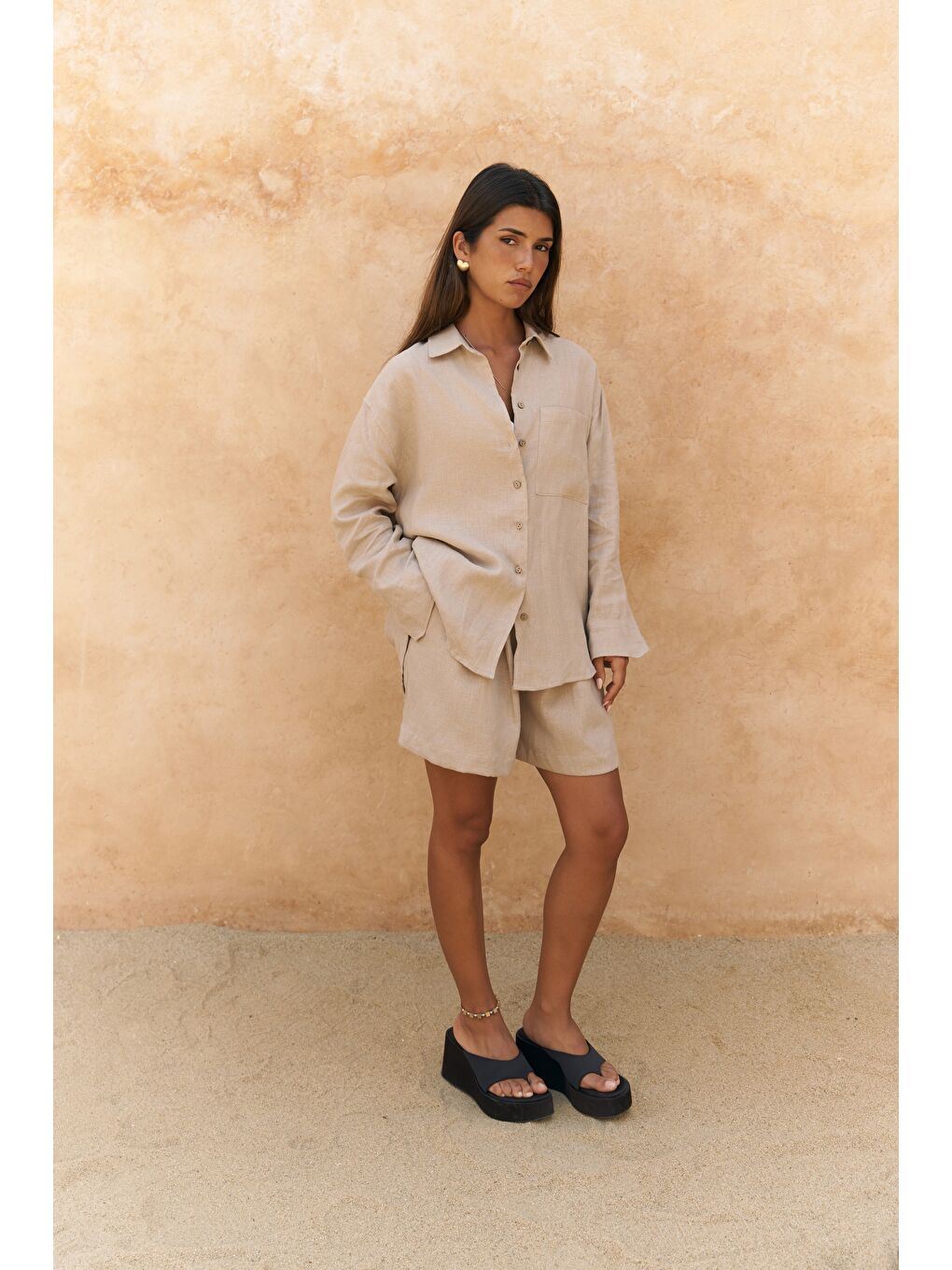 Gaelil Oversize Bej Keten Gömlek Şort Takım