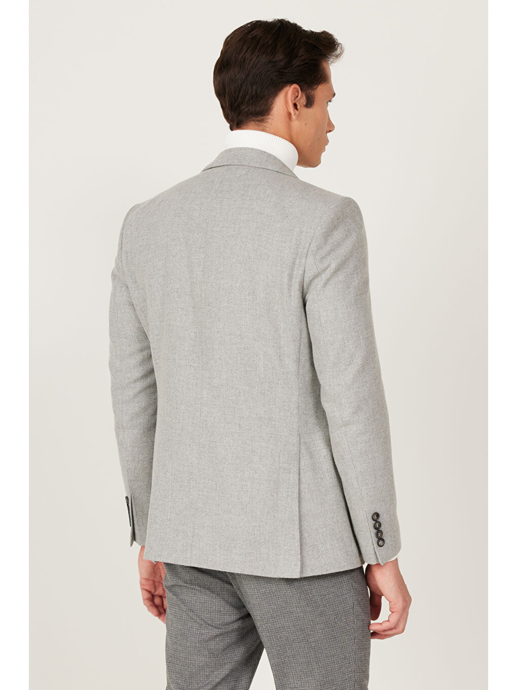 Erkek Gri Slim Fit Dar Kesim Mono Yaka Desenli Yünlü Ceket-6