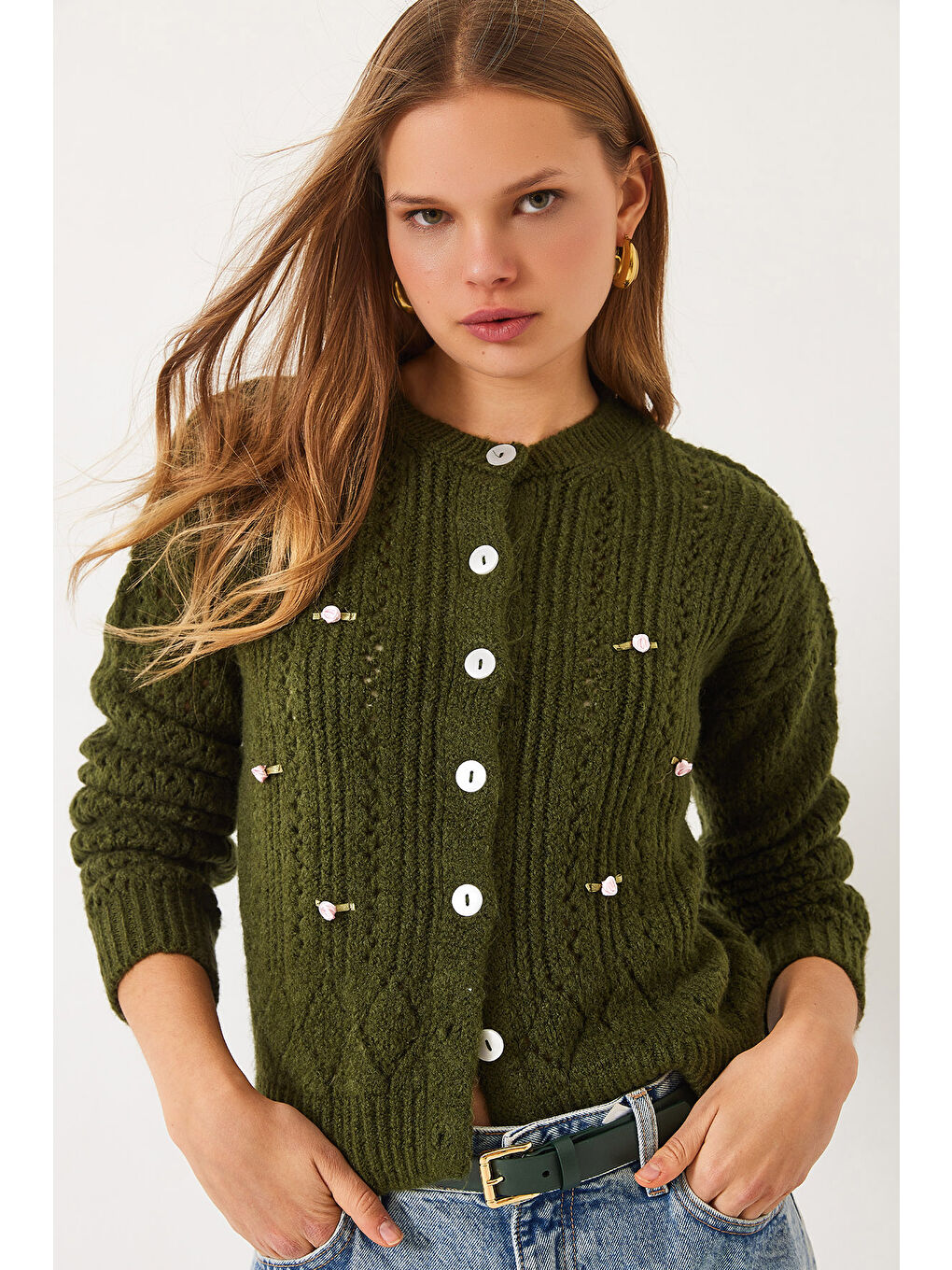 Yeşil Kadın Ajurlu Çiçekli Triko Hırka