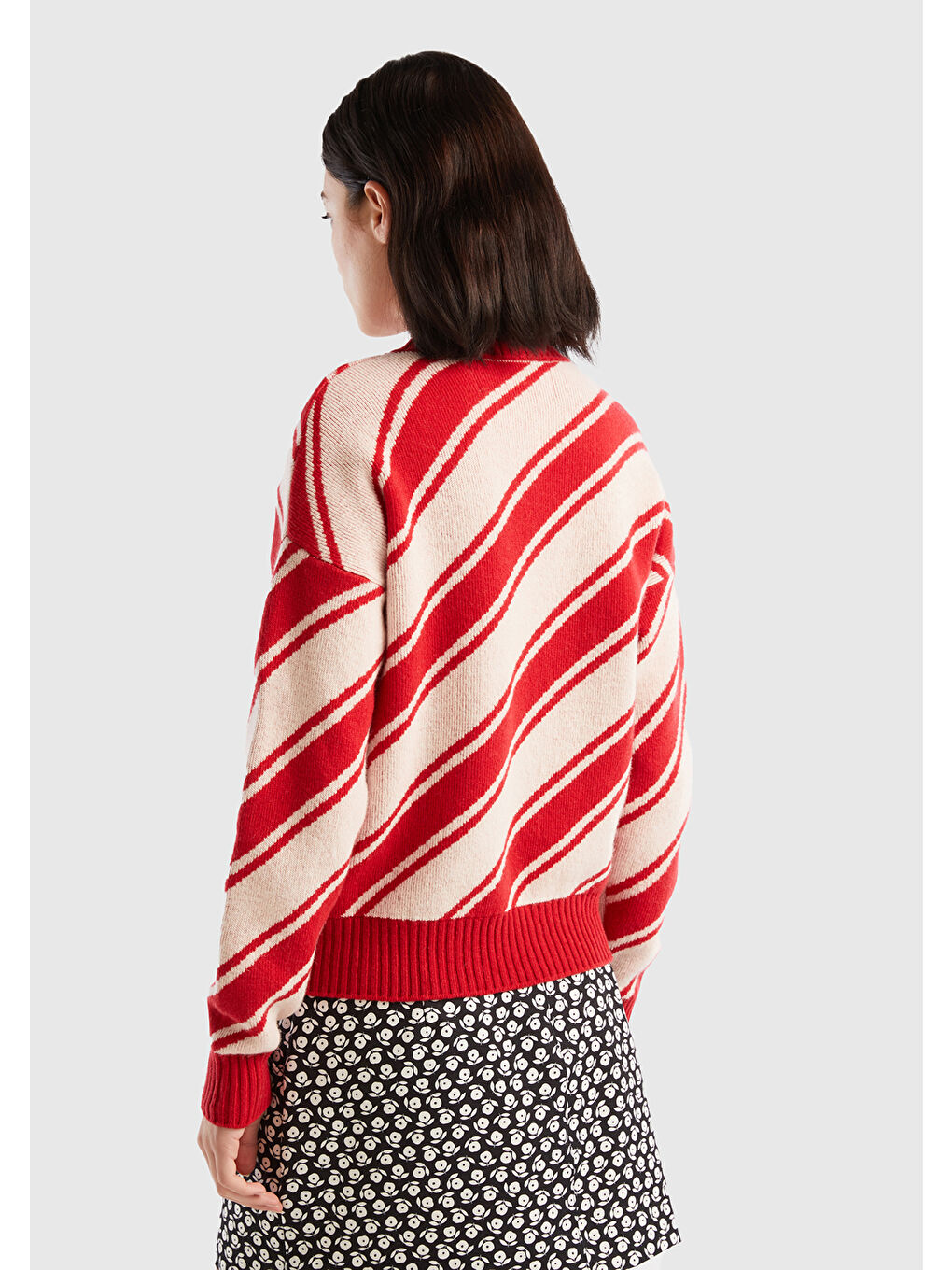 Kadın Kırmızı Yün Karışımlı Çapraz Çizgili Kazak-2