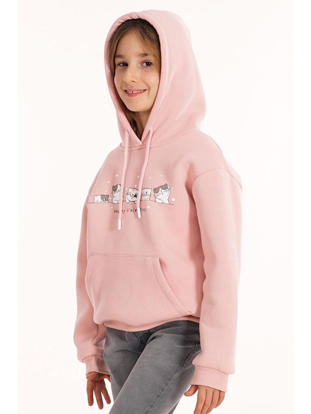 Kedi Baskılı Kanguru Cepli Toz Pembe Renk Kız Çocuk Kapüşonlu Sweat-7