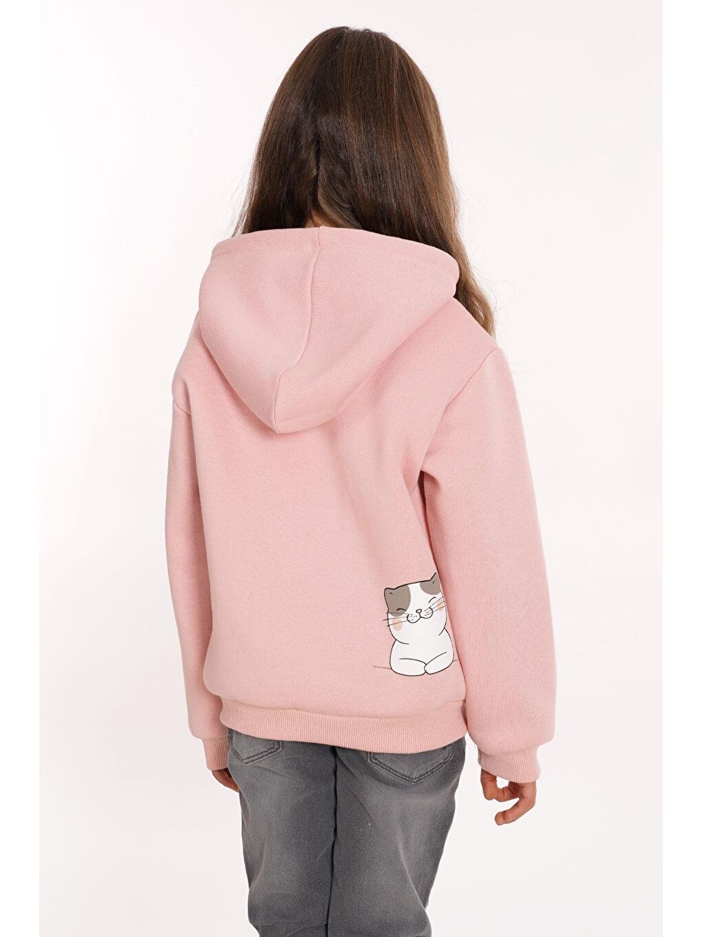 Kedi Baskılı Kanguru Cepli Toz Pembe Renk Kız Çocuk Kapüşonlu Sweat-8