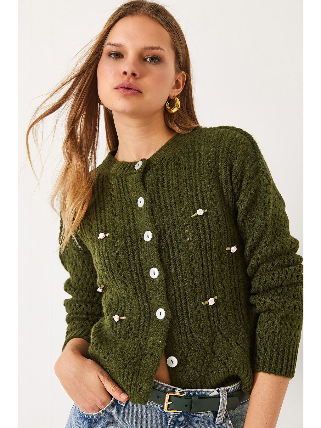 Yeşil Kadın Ajurlu Çiçekli Triko Hırka-1