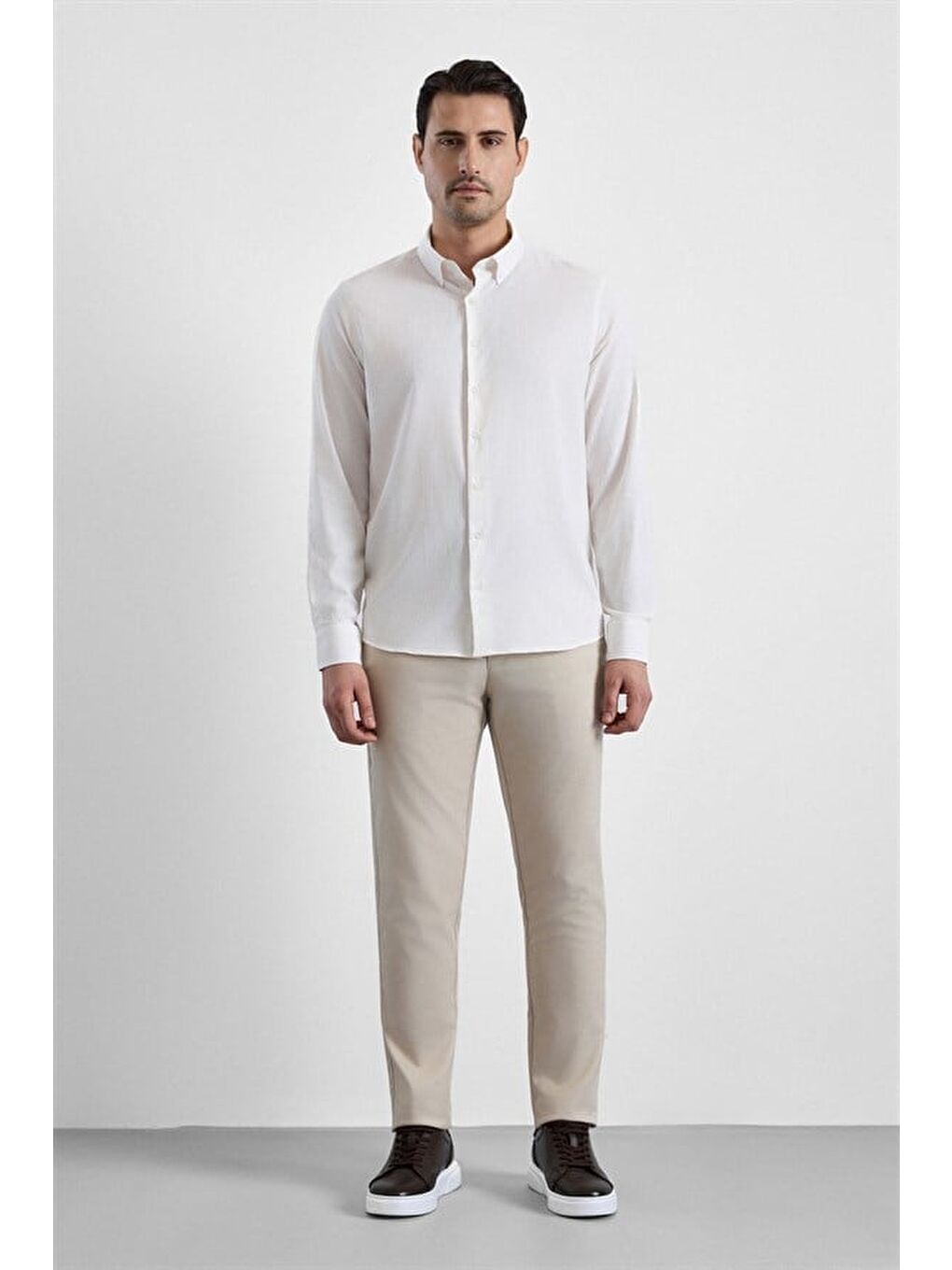 Ekru Slim Düğmeli Yaka Casual Gömlek-4