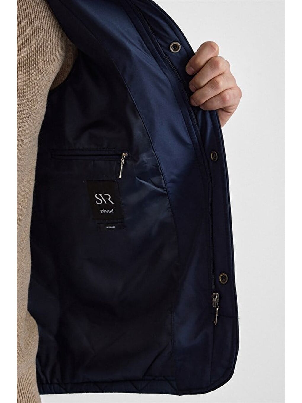 Lacivert Regular Klasik Yaka Düz Yan Cepli Fermuar Kapitone Su Geçirmez Mont-2