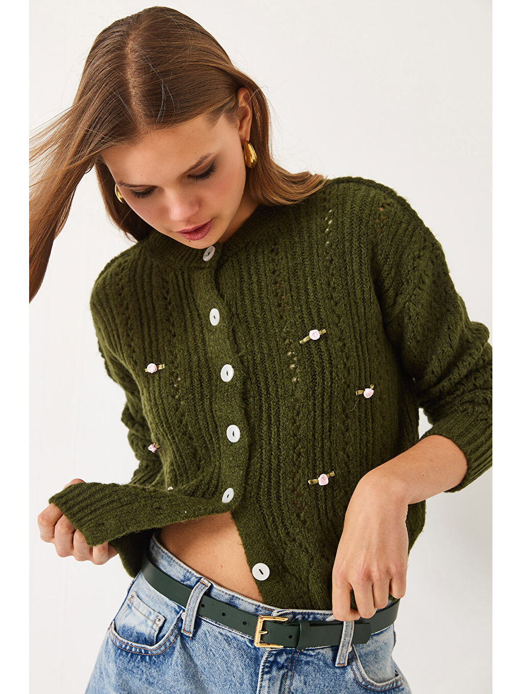 Yeşil Kadın Ajurlu Çiçekli Triko Hırka-2