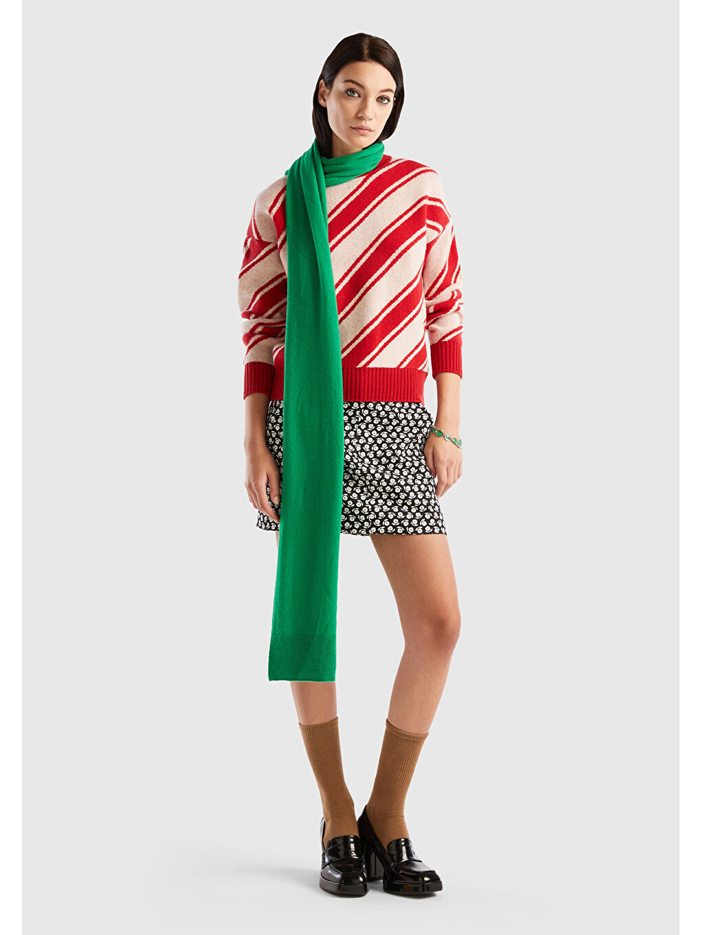 Kadın Kırmızı Yün Karışımlı Çapraz Çizgili Kazak-4